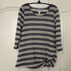 SUNDAY blouse top medium blue cream stripe texture twist bottom elbow sleeve